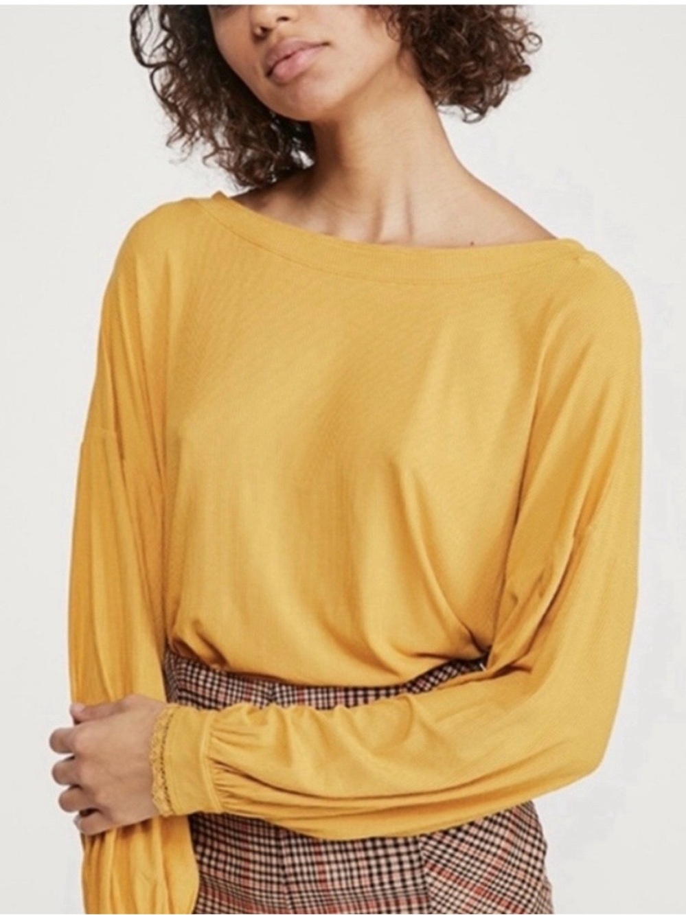 Free People Open Back Long Bubble Sleeve Top Shimmy Shake Gold With Lace Size L